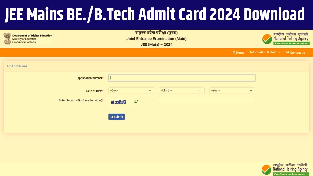 JEE Mains BE. B.Tech Admit Card 2024 Download At Direct Link Jeemain ...